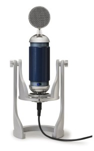 A blue and white microphone on a stand.